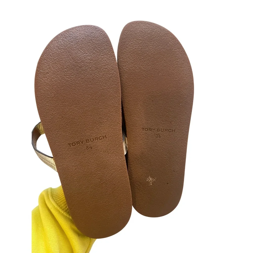 Tory Burch Miller Cloud Metallic Gold Logo Thong Sandals 8.5M